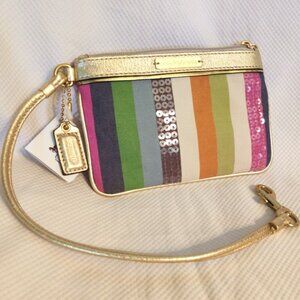 Coach Poppy Sequin Legacy Stripe Small Wristlet in Brass/Multi, NWT